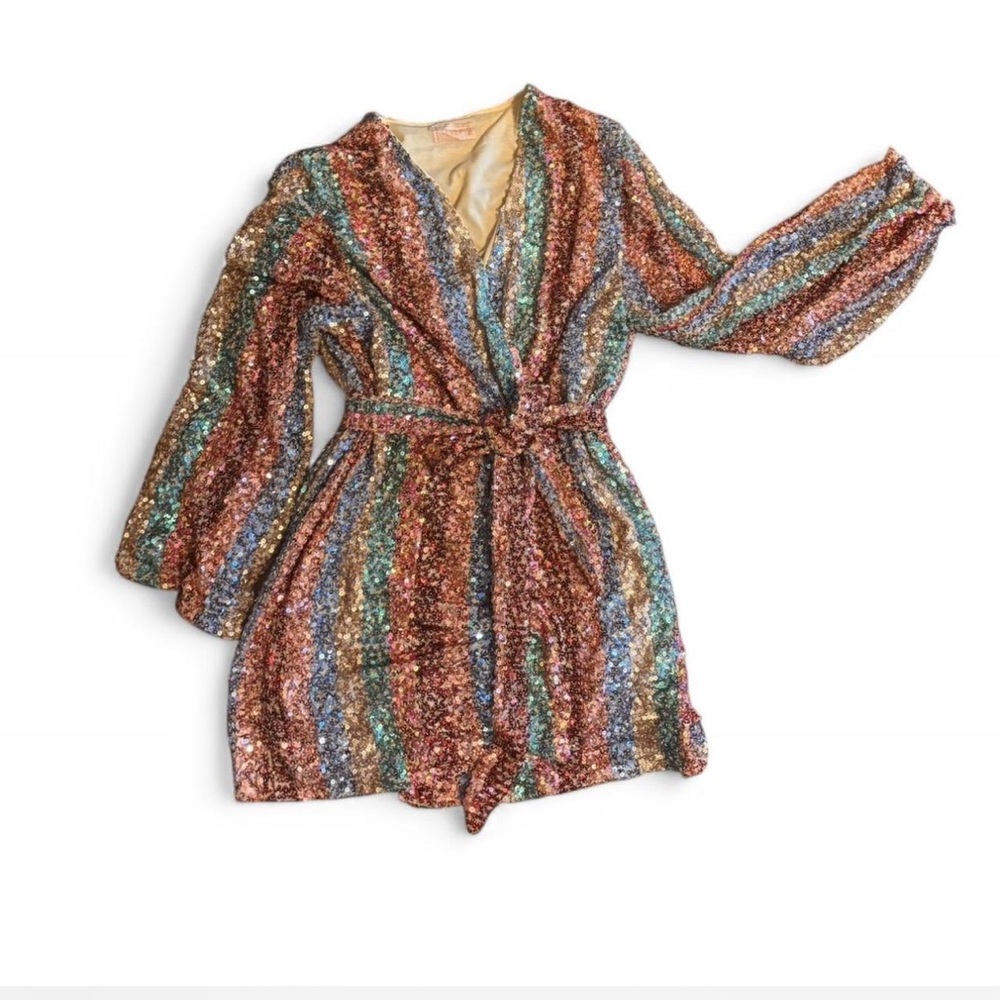 Club L London Plus contrast stripe sequin wrap long sleeve belted mini dress